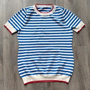 Maternity Blue and White Striped Knit Top with Red Trim Size Small